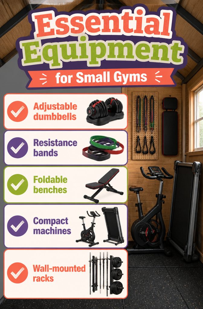Essential gym equipment suitable for small workout spaces.