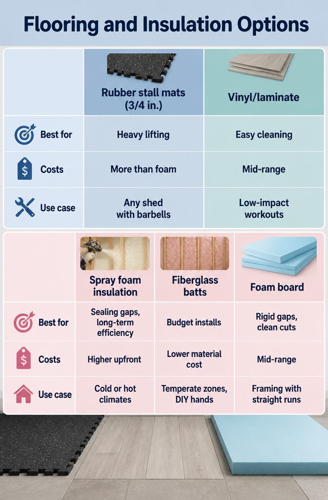 Comparison of flooring options for a gym shed.