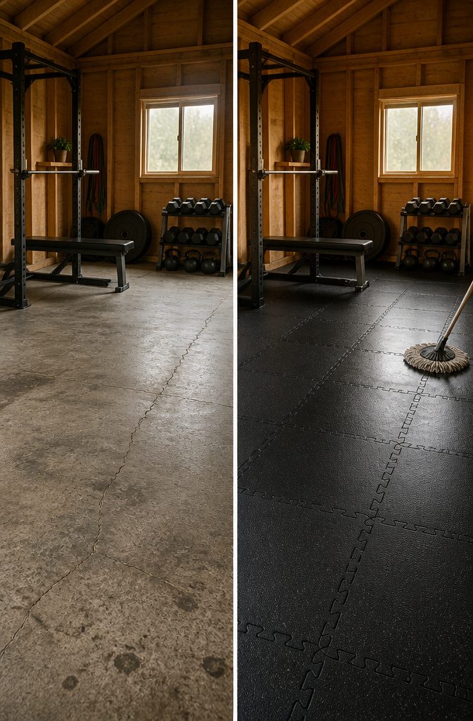 Rubber mats laid down on the floor of a gym shed.