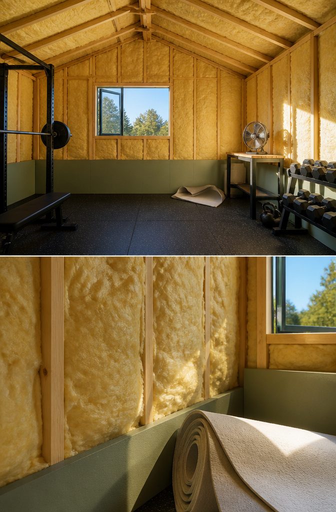 Insulation installed in the ceiling and walls of a shed.
