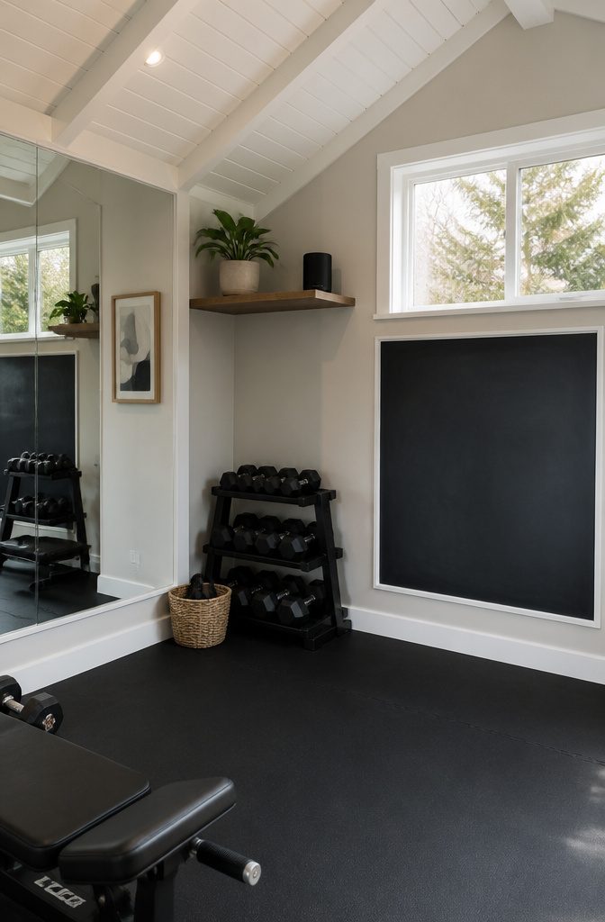 A colorful wall and mirror in a well-decorated workout shed.