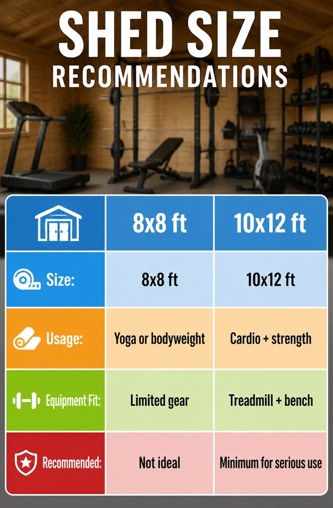 A chart showing recommended shed sizes for workout spaces.