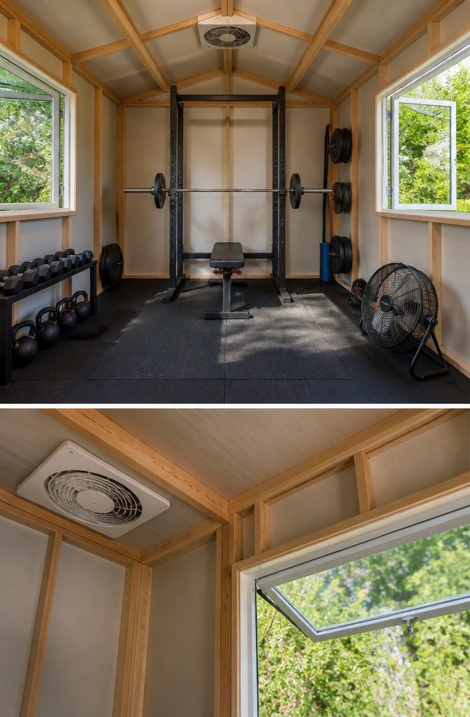 Windows and ventilation options in a workout shed.