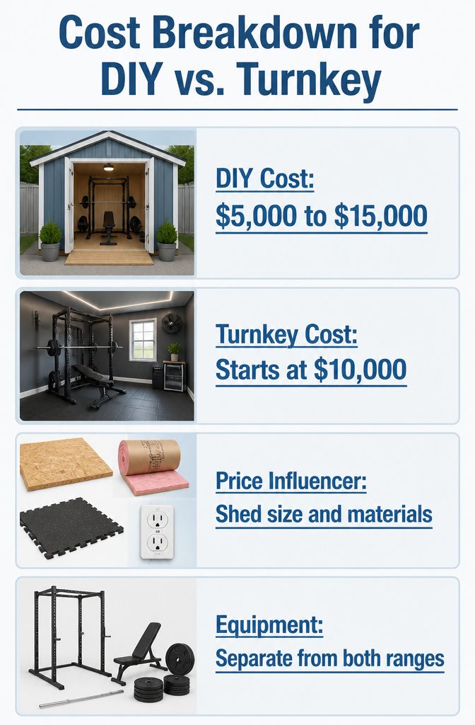 Cost breakdown comparing DIY and turnkey gym shed options.