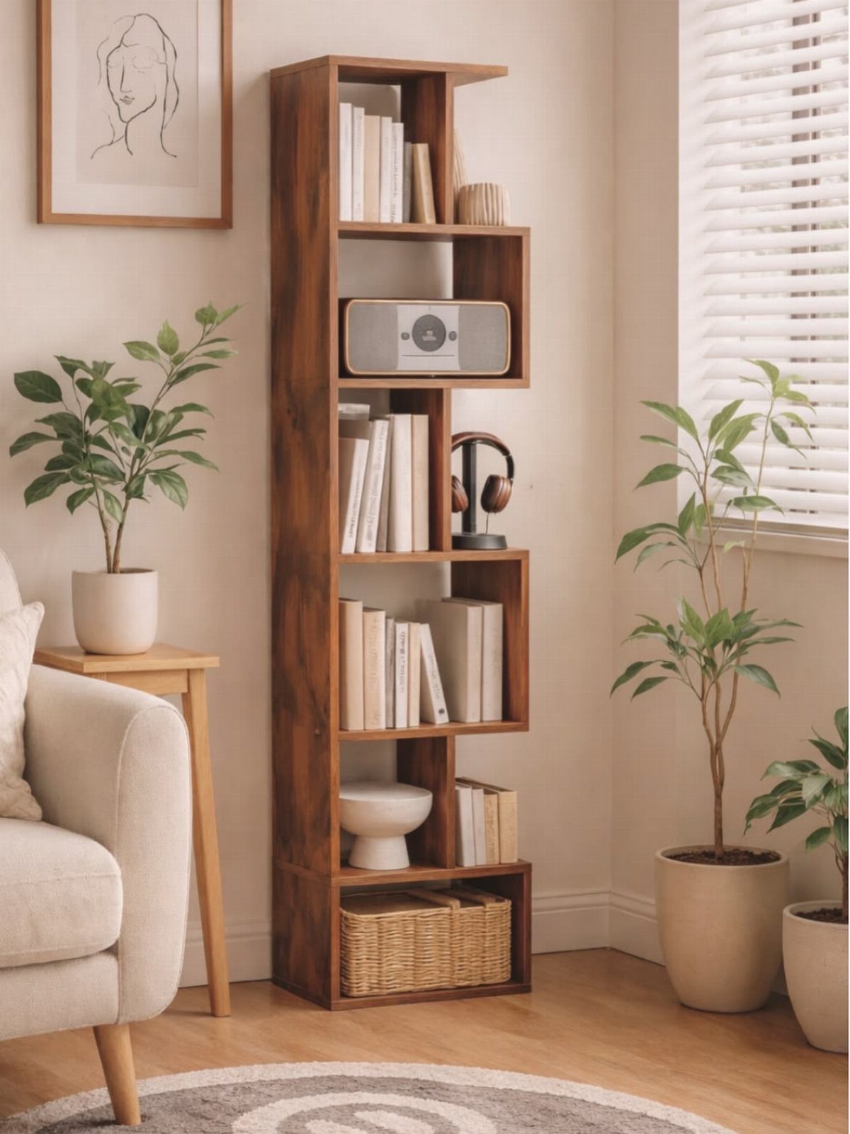 A tall dark wood asymmetrical bookshelf filled with books and decor in a bright room.