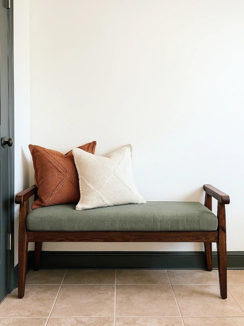 A wooden bench with a green upholstered seat and two decorative pillows against a white wall.