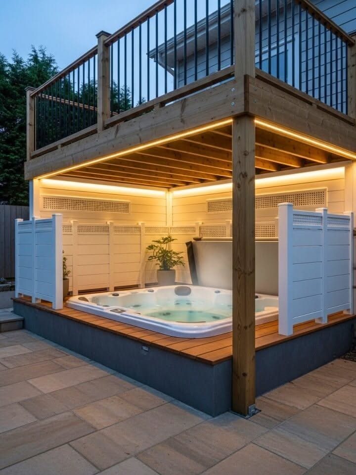 White hot tub on a wooden platform under a deck with warm lighting.