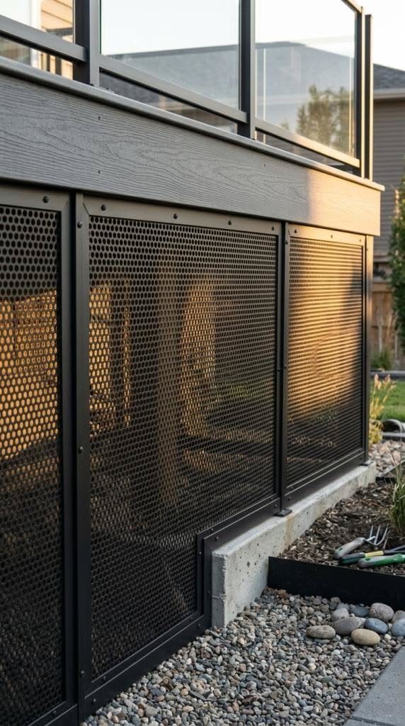 Black perforated metal mesh skirting installed around the base of a wooden deck.