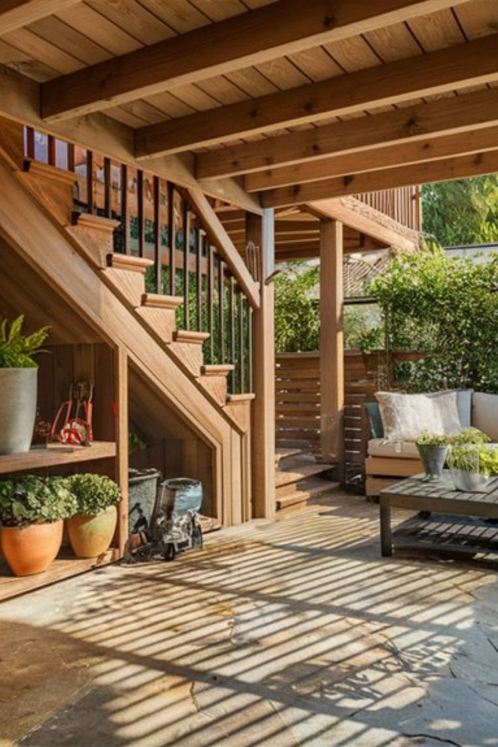 Outdoor living room with a sofa and coffee table under a wooden deck.