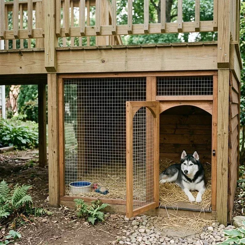Husky dog resting in a wooden kennel built under a residential deck.