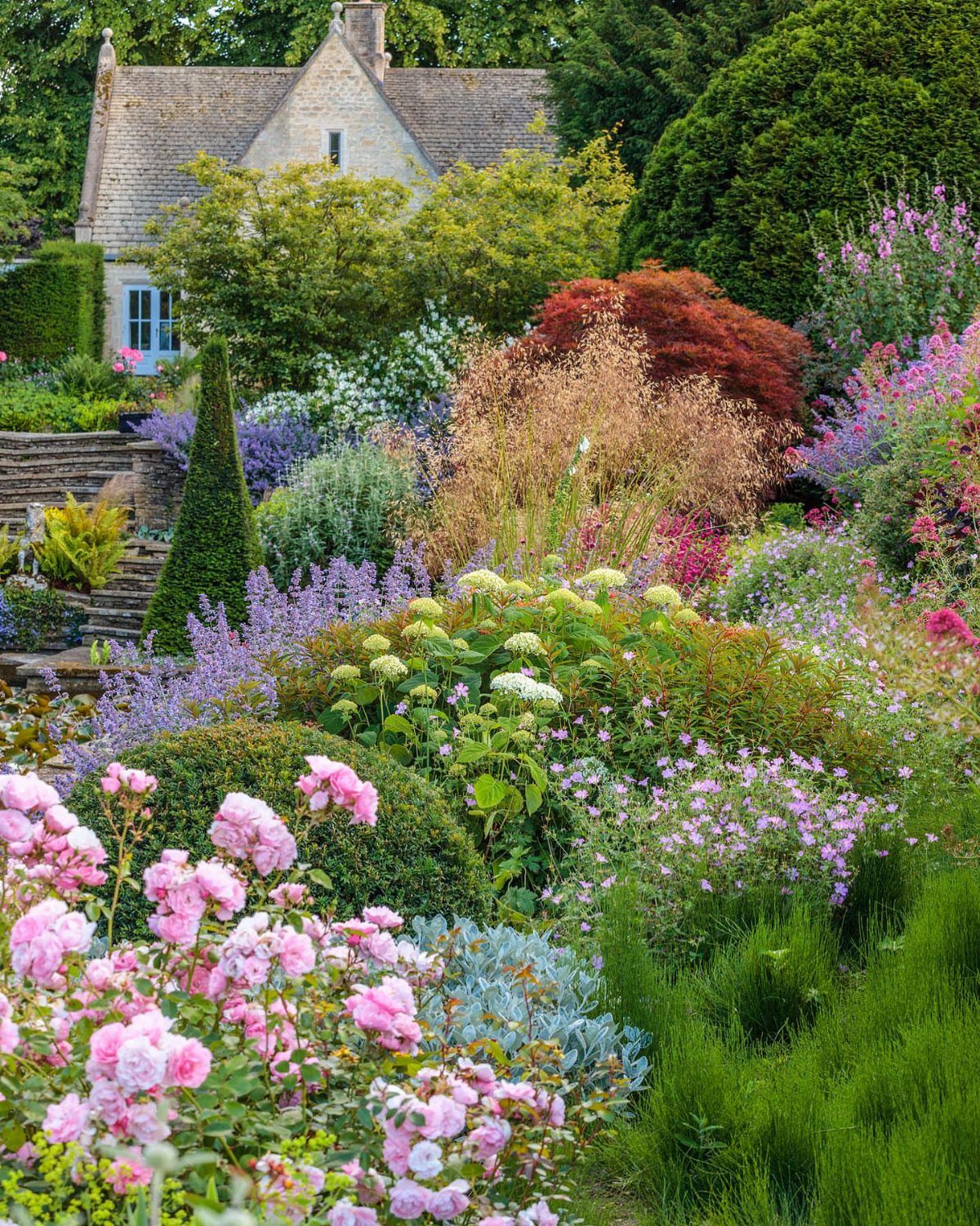 English Garden Front Yard: 11 Ideas for Curb Appeal 2 Lush cottage garden filled with pink roses, purple lavender, and diverse colorful flowering plants.