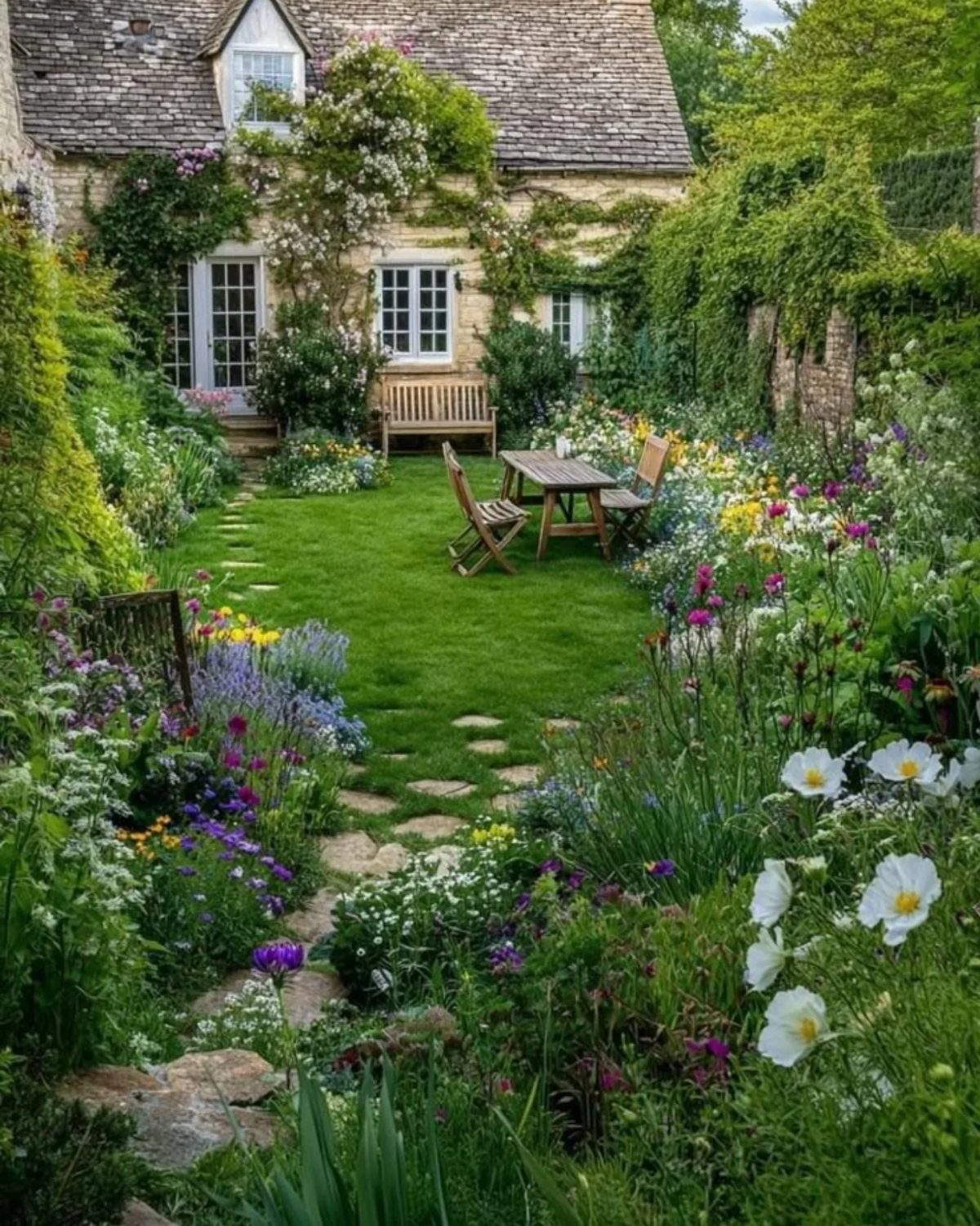 English Garden Front Yard: 11 Ideas for Curb Appeal 3 Colorful flowers and lush greenery surround a small lawn and wooden patio set in a cottage garden.