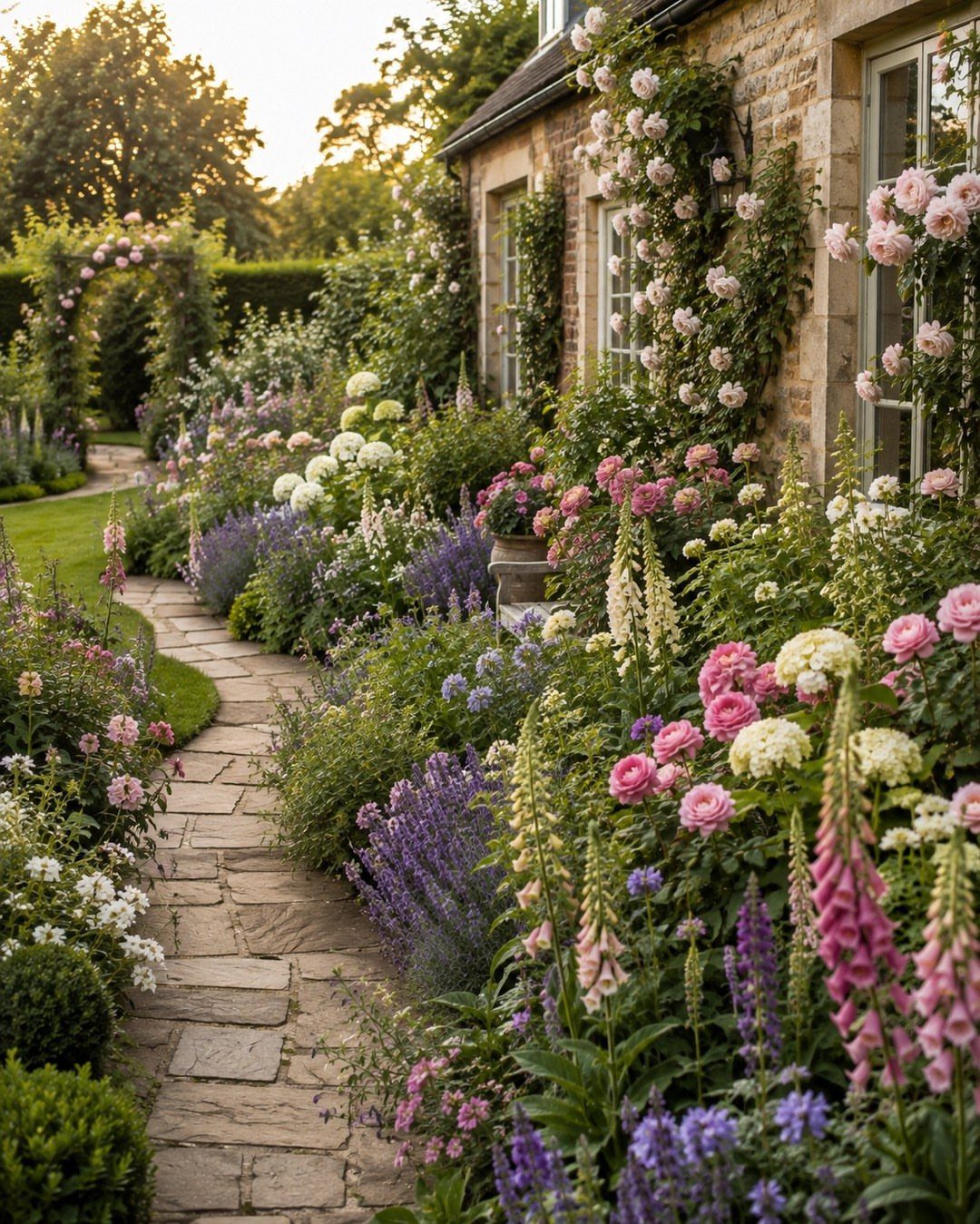 English Garden Front Yard: 11 Ideas for Curb Appeal 1 A stone path winds through a lush garden filled with colorful roses, hydrangeas, and foxgloves.