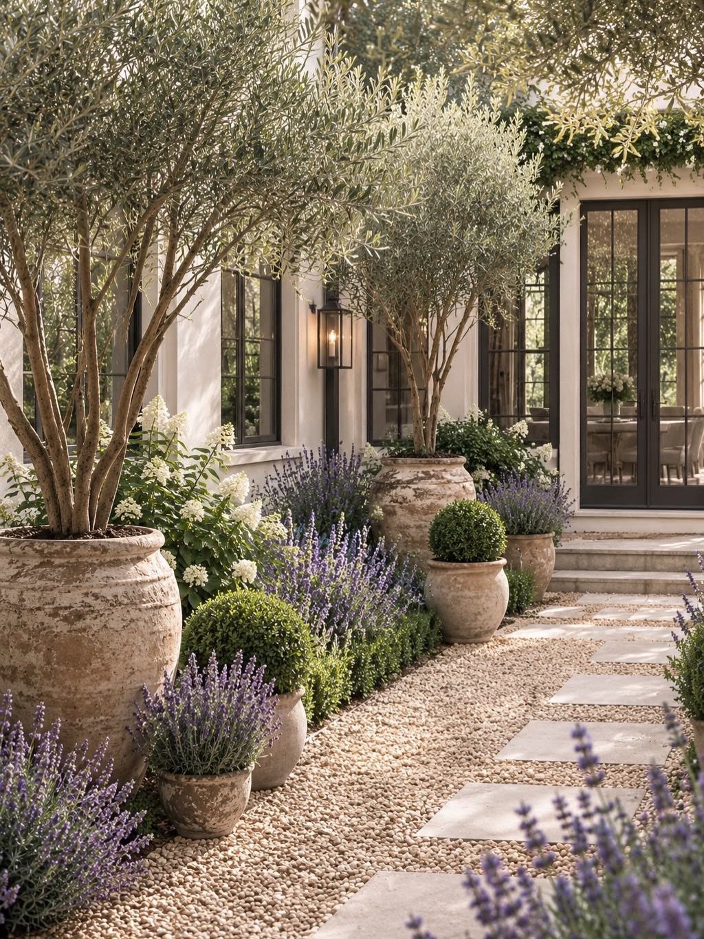 English Garden Front Yard: 11 Ideas for Curb Appeal 10 Olive trees in large terracotta pots line a gravel path with lavender and manicured shrubs.