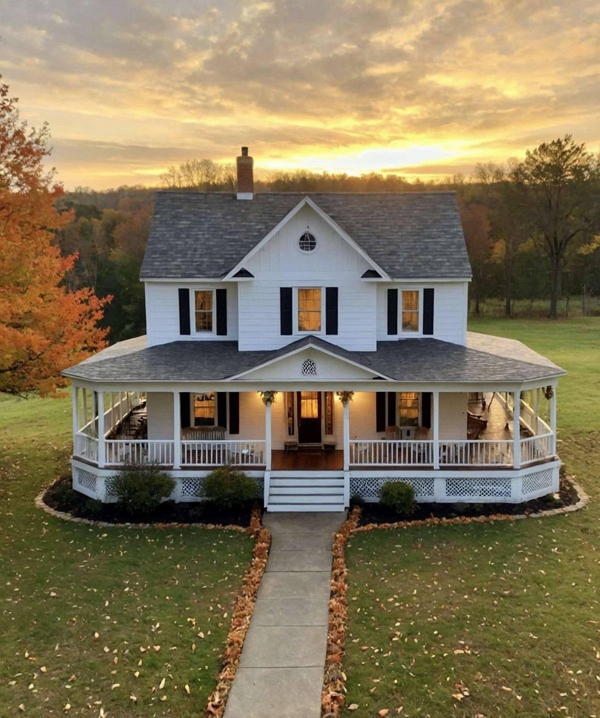 White farmhouse with a large wrap-around covered porch under a golden sunset sky.