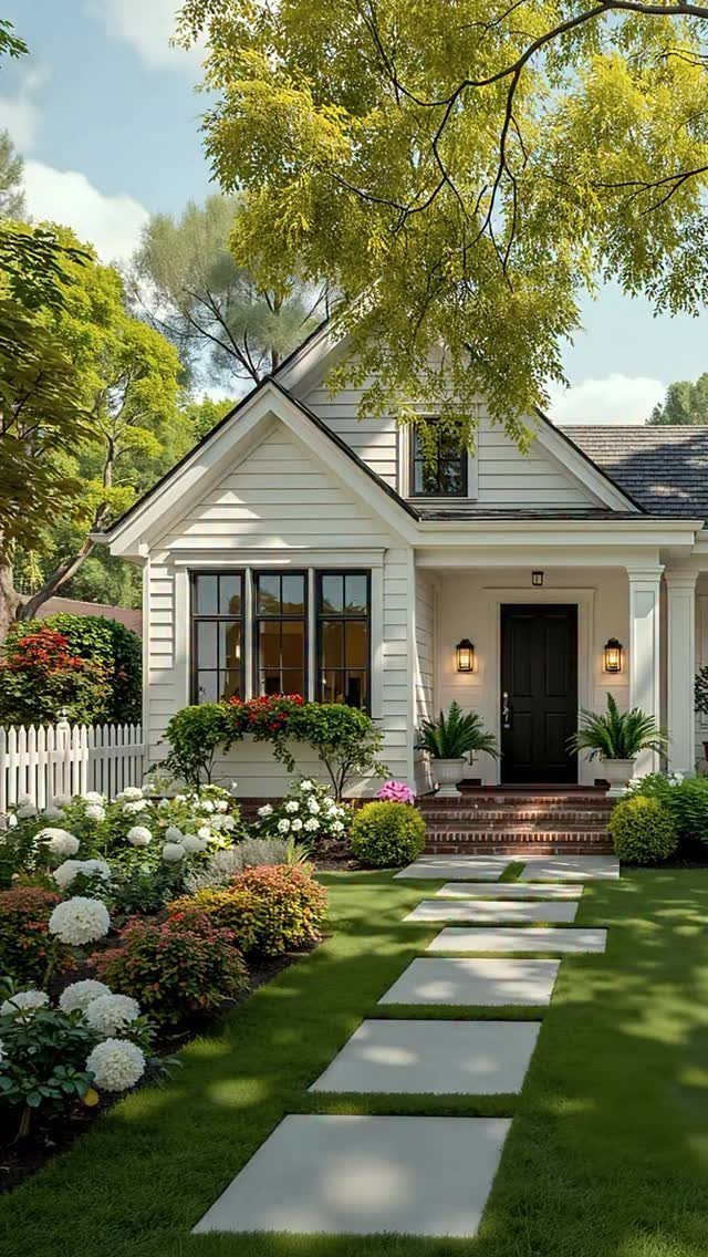 White farmhouse with black door, stepping stones, and lush garden landscaping with white hydrangeas.