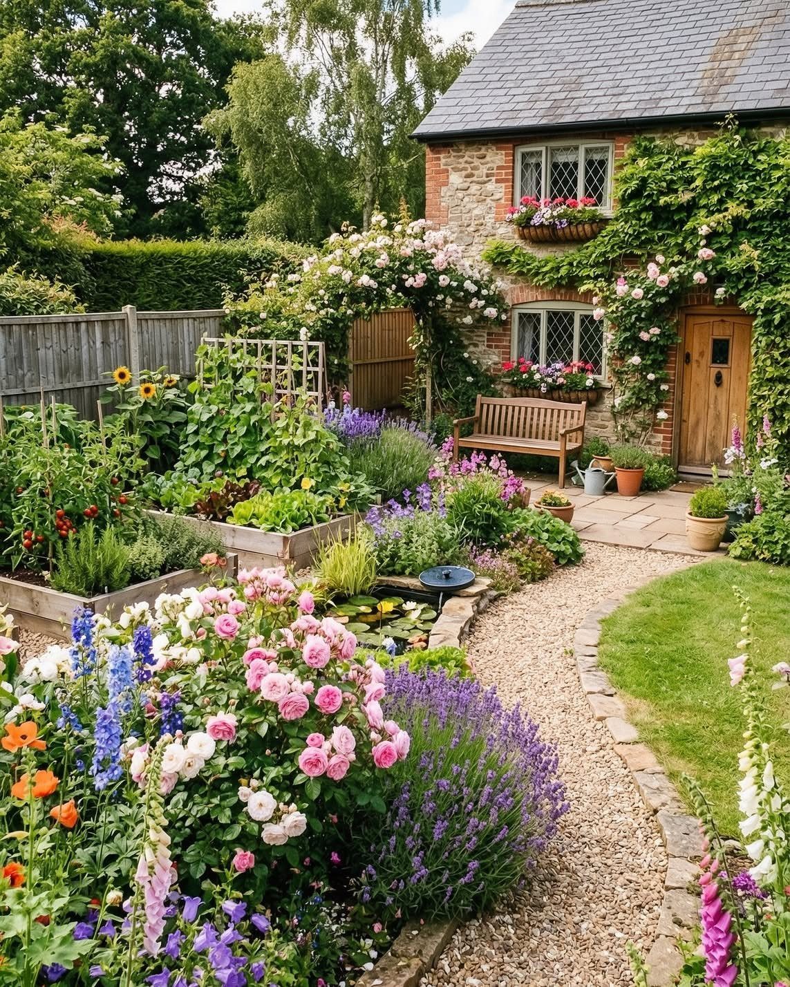 Colorful cottage garden with pink roses, lavender, and a gravel path leading to a stone house.
