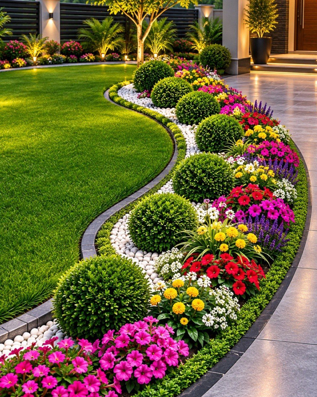 A curved garden bed with colorful flowers and green shrubs bordering a green lawn.