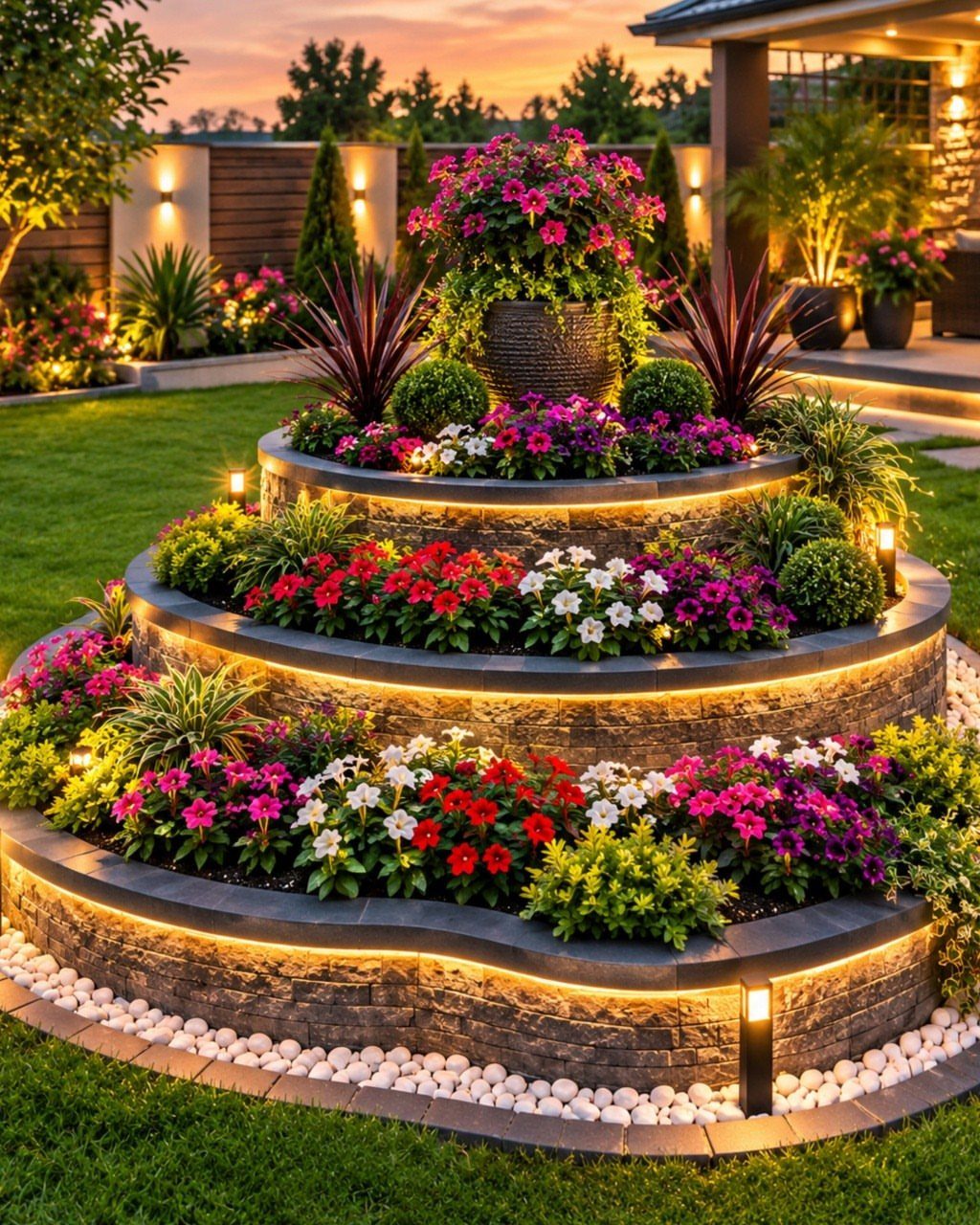 Tiered stone garden beds filled with colorful red, white, and pink flowers under warm evening lights.