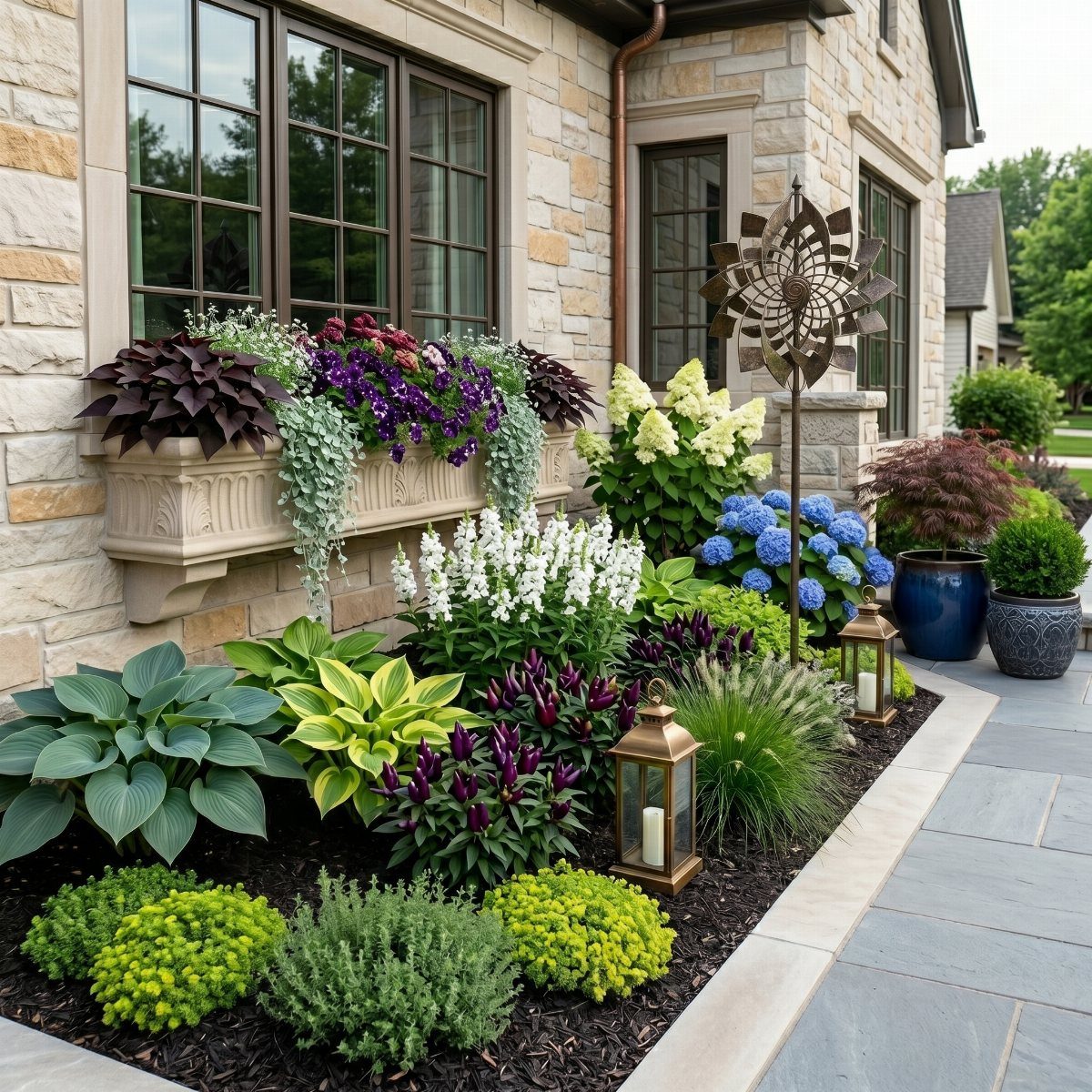 Layered garden bed with hostas, hydrangeas, and various colorful perennials in front of a stone house.