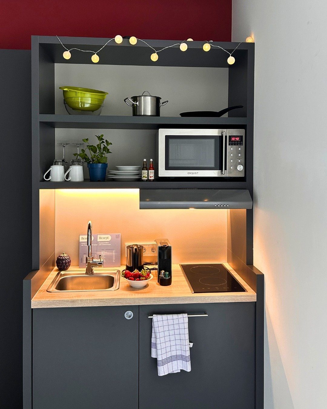 Turning a Garage to a Studio Apartment: 9 Layouts That Work 2 A compact grey kitchenette unit with a sink, cooktop, microwave, and various kitchen supplies.