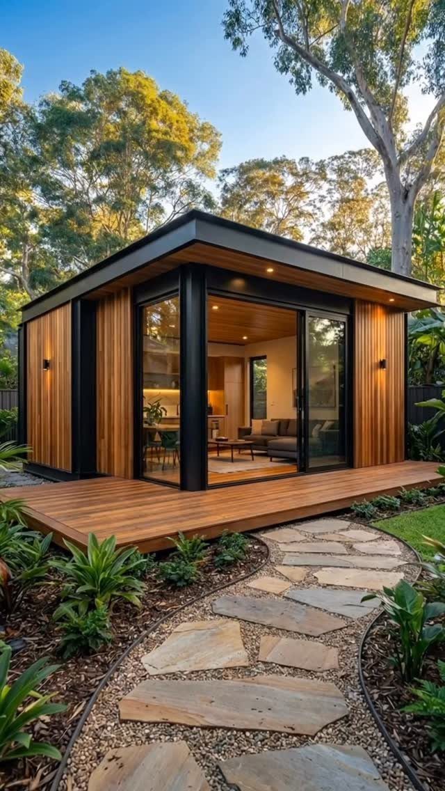 Turning a Garage to a Studio Apartment: 9 Layouts That Work 8 Modern small studio building with wood siding and glass doors opening onto a wooden deck.