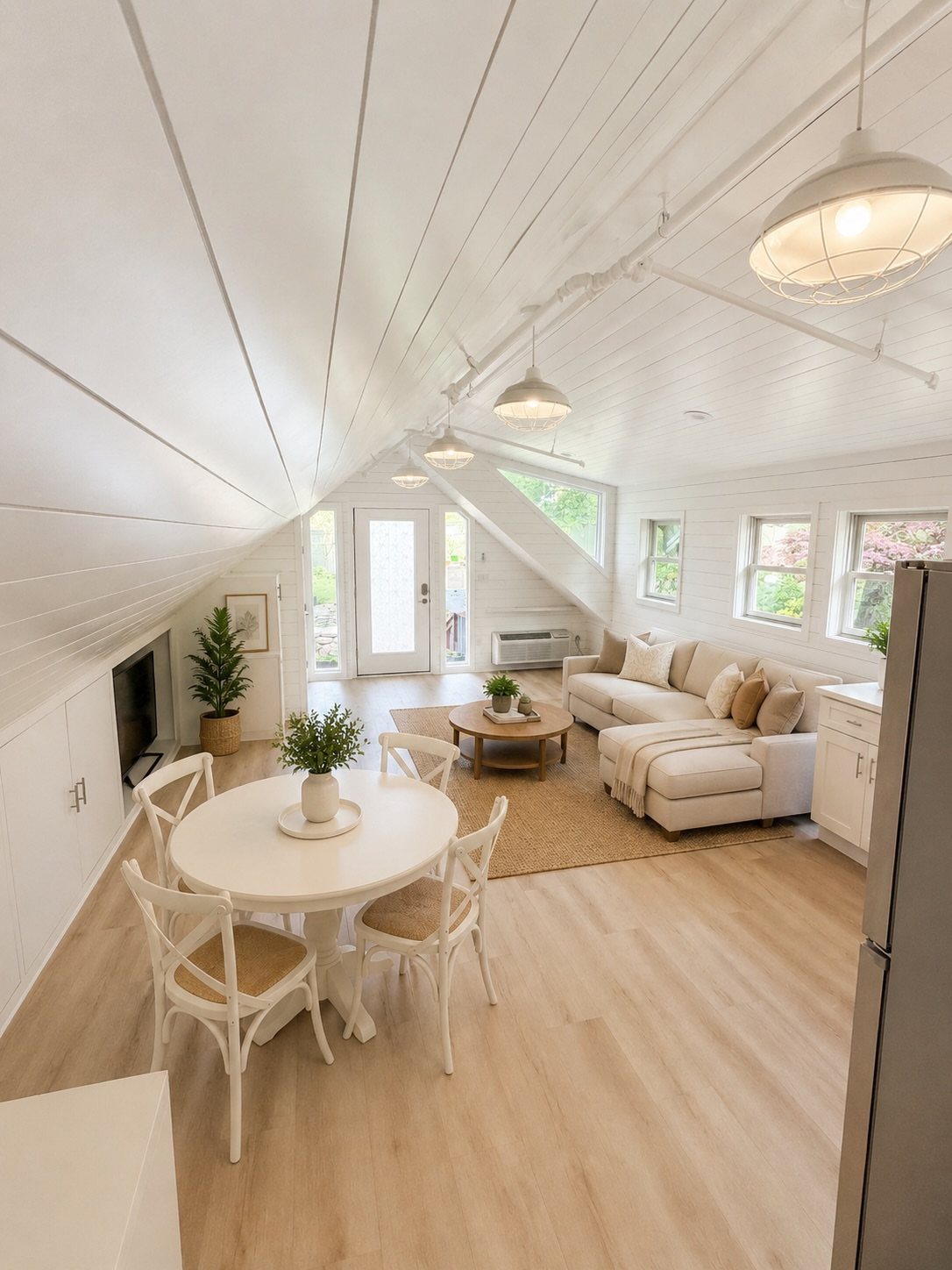 Turning a Garage to a Studio Apartment: 9 Layouts That Work 5 A bright studio apartment with white paneled walls, a small dining set, and a beige sectional sofa.