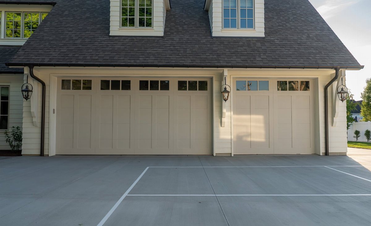9 Garage Paint Colors for Doors, Floors, Walls and Ceiling 1 Cream-colored garage doors with window panes on a light house with a dark roof.