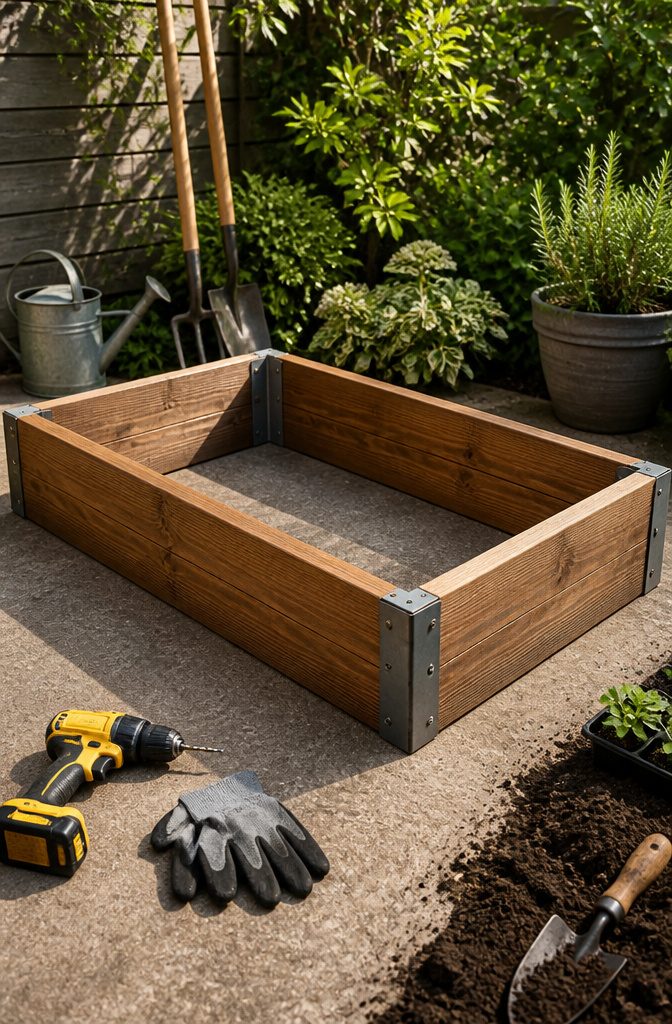 Photograph showing corner brackets for assembling a raised garden frame.