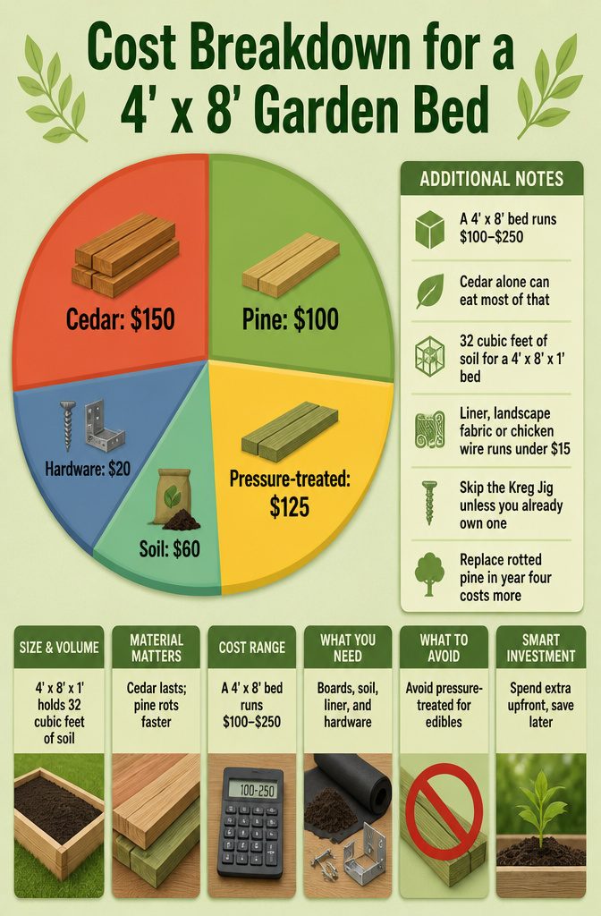 Cost breakdown chart for building a 4' x 8' garden bed.