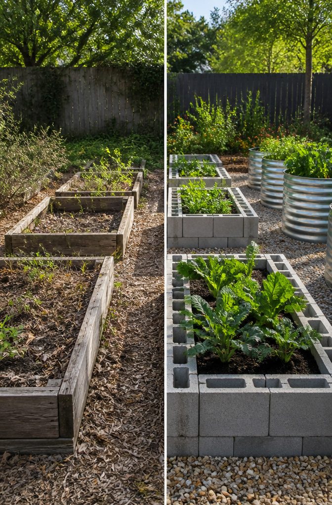 Photograph showing cinder blocks stacked for a garden box design.