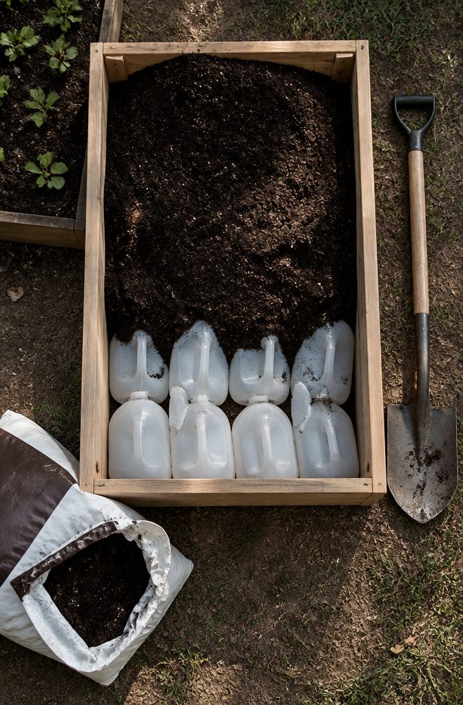 Photograph showing a filled raised garden bed with rich soil.