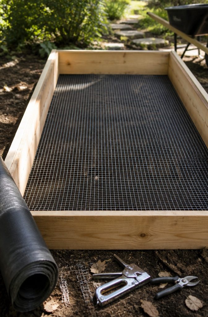 Close-up of the bottom of a raised garden box lined with hardware cloth.