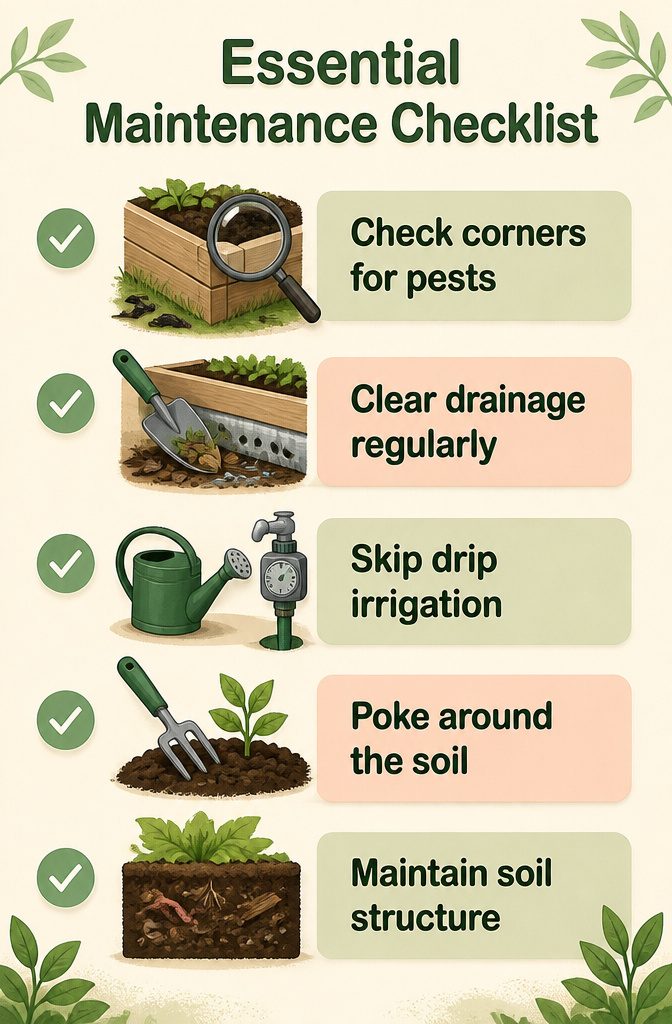 Checklist for essential maintenance tasks for raised garden beds.