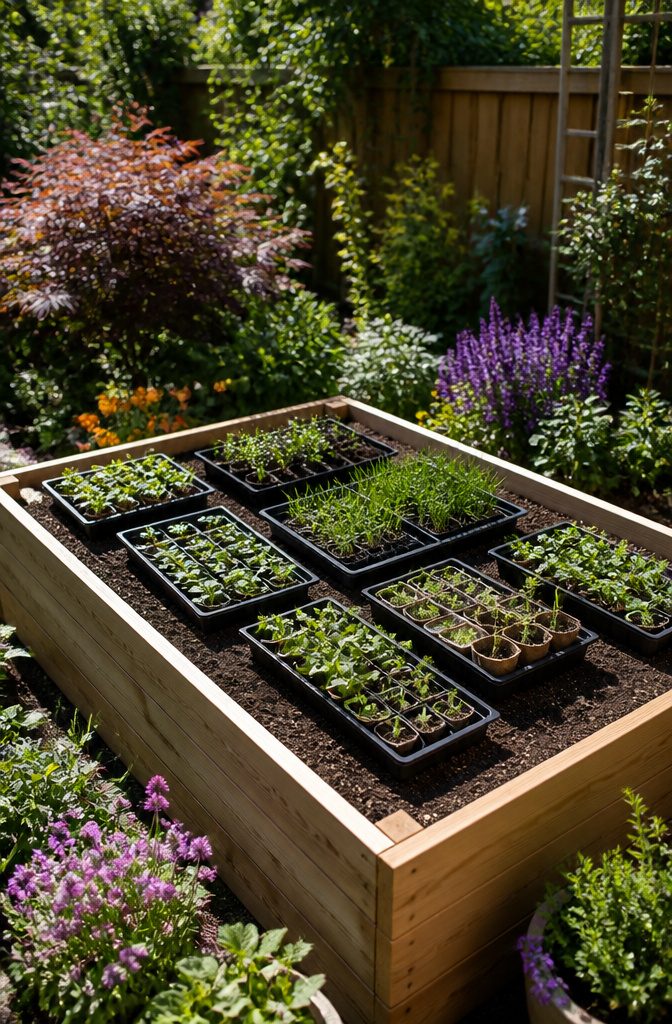 Assorted potting trays with seedlings and seeds on a raised garden bed.