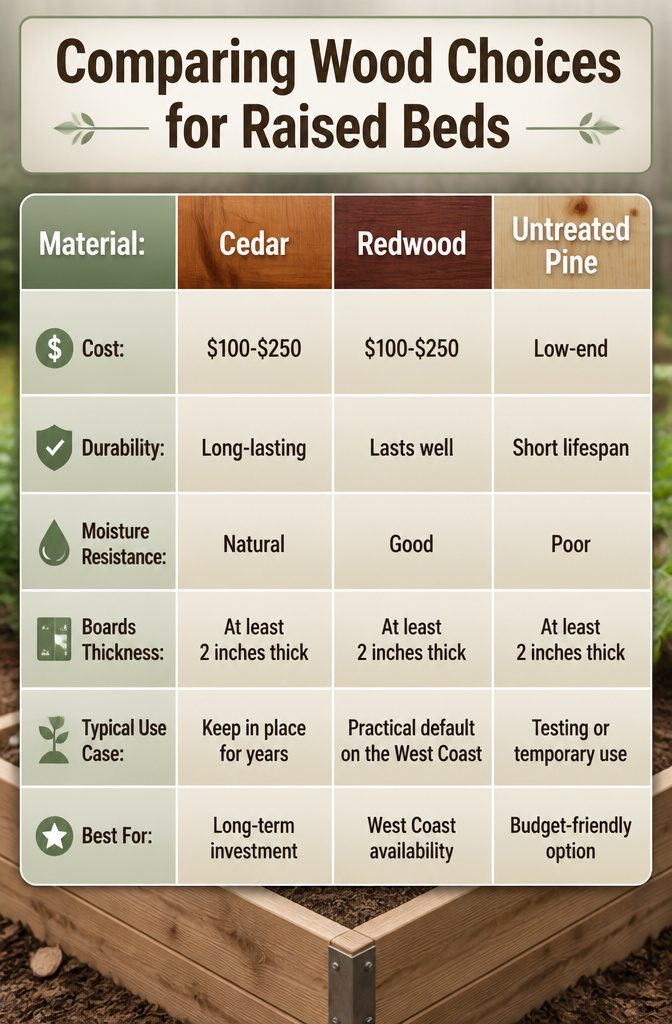 Information image comparing wood choices for raised garden beds.