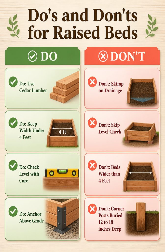 Information image outlining do's and don'ts for raised garden beds.
