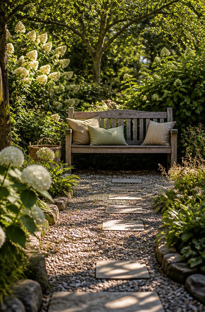 A rustic bench with cushions set along a pebbled path.