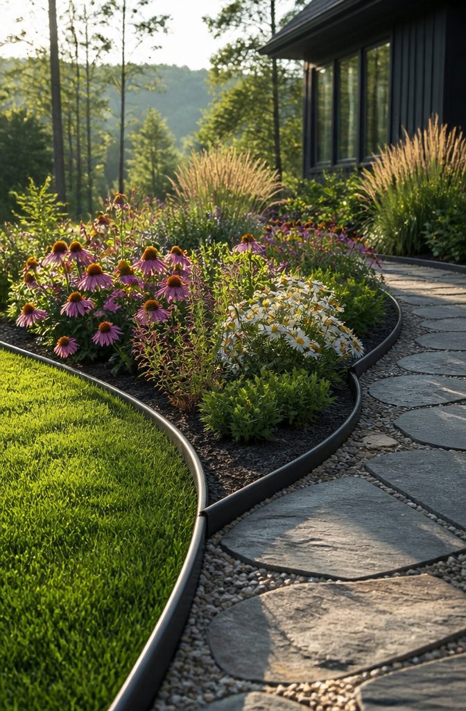 Steel edging separating a flower bed from a green lawn.