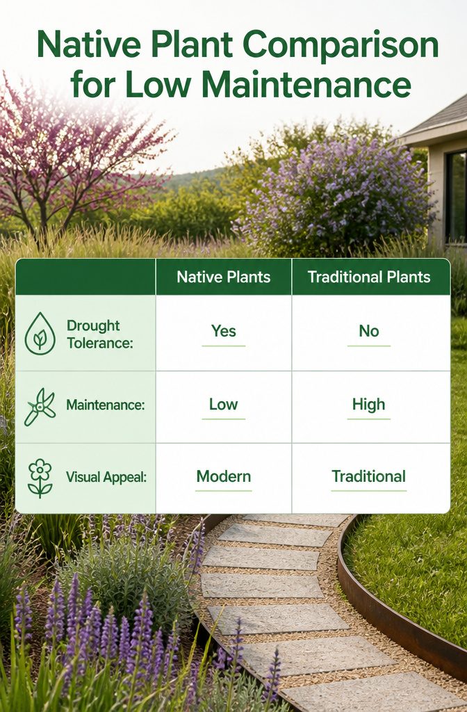 A hillside garden featuring native plants and metal edging.