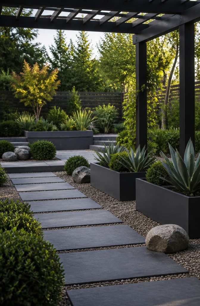 Geometric pathways and planters filled with sculptural plants.