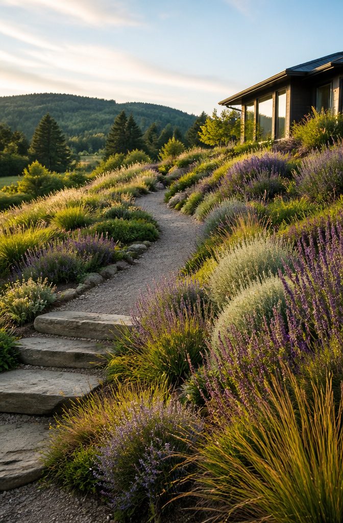 A hillside planted with native grasses and flowering plants.