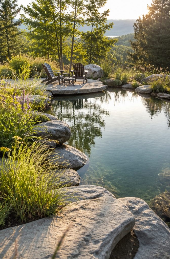 A natural pool with stone edges and native plants around it.