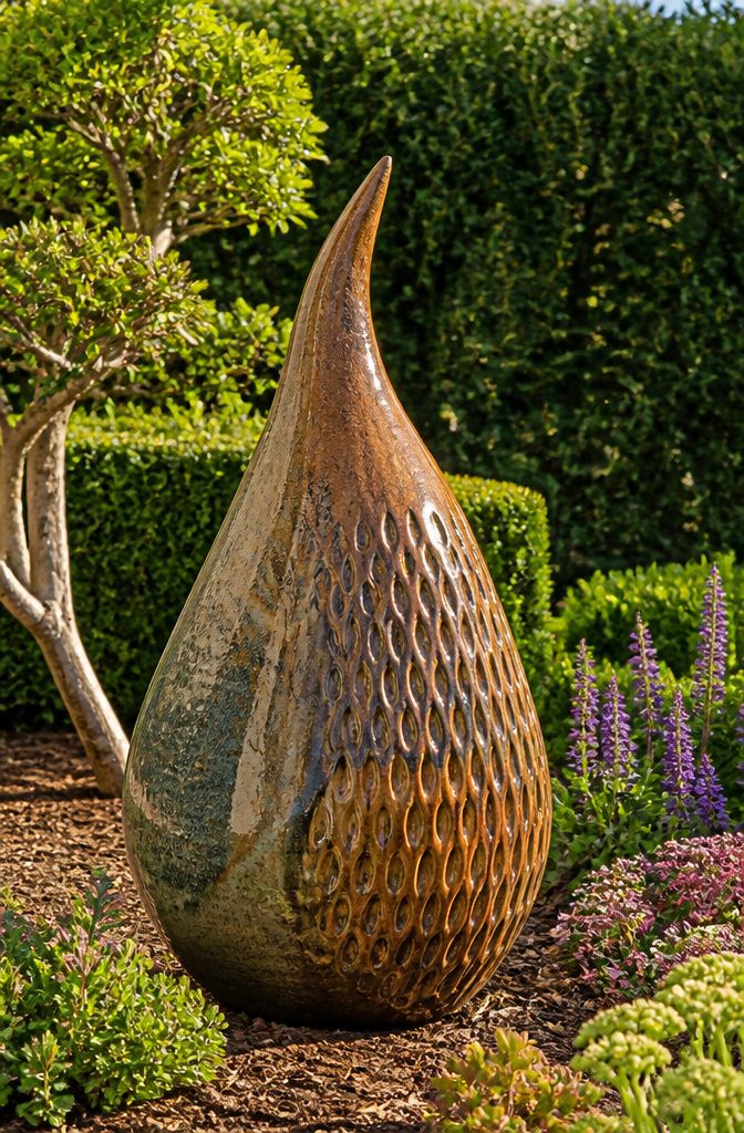 A sculpture set against a plain wall in a garden setting.