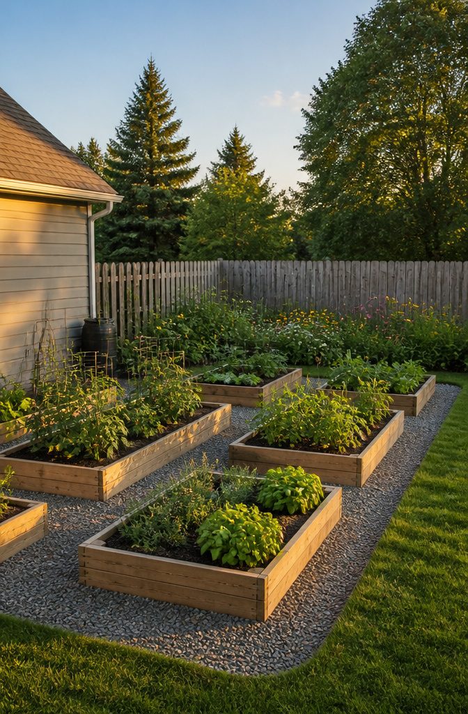 Neatly arranged raised beds filled with tomatoes and herbs.