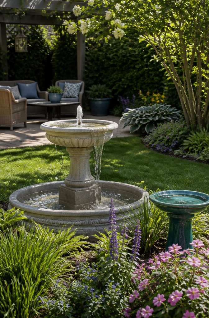 A light-colored stone pedestal fountain surrounded by flowering shrubs.