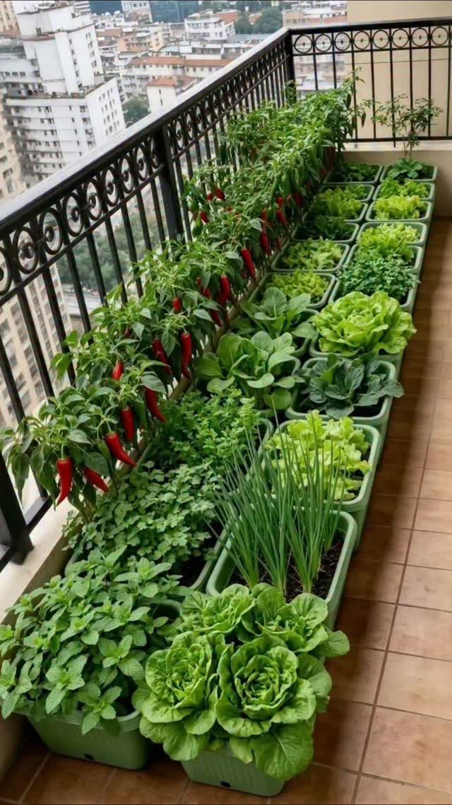 Garden Plans and Layouts: 7 Ideas for Small and Large Spaces 3 Green plastic containers filled with various vegetables and herbs arranged in a row on a balcony.