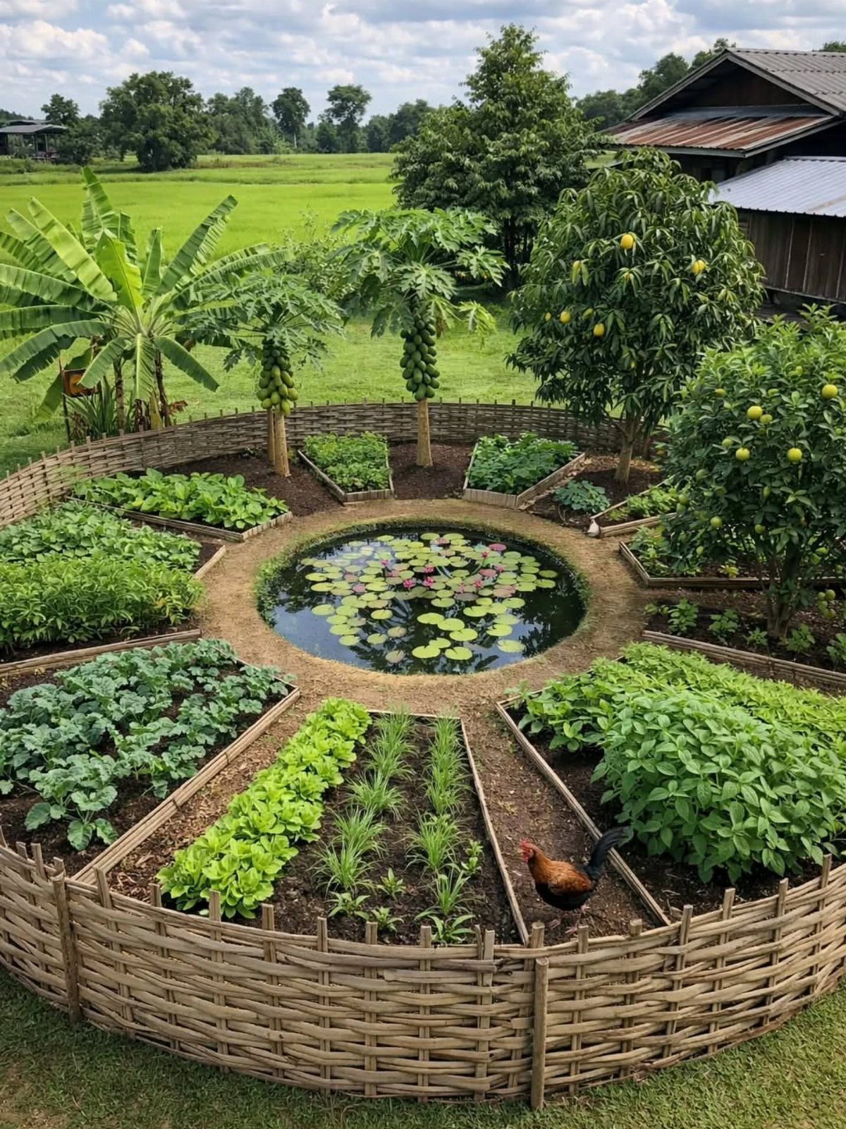 Garden Plans and Layouts: 7 Ideas for Small and Large Spaces 6 A circular formal potager garden with a central pond and symmetrical vegetable beds surrounded by a wicker fence.
