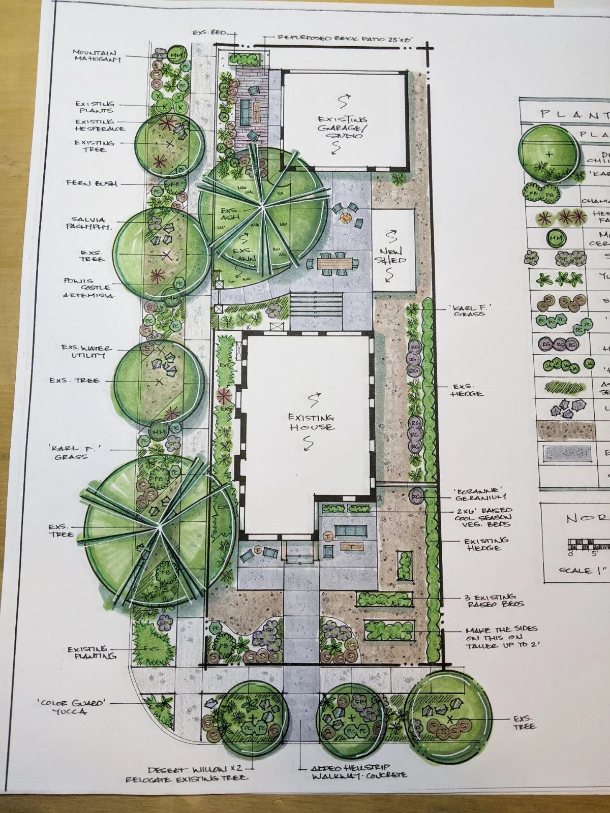 Garden Plans and Layouts: 7 Ideas for Small and Large Spaces 7 Hand-drawn garden landscape design plan showing house layout, trees, and plant placements on paper.