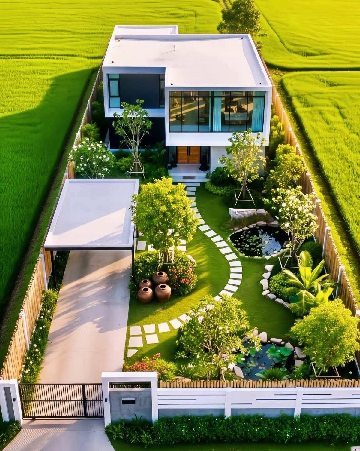 Garden Plans and Layouts: 7 Ideas for Small and Large Spaces 2 Modern white house surrounded by a lush green garden with stone paths and small ponds.